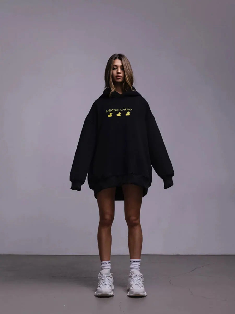 Oversized Duck Print Hoodie With Fleece For Cozy 2025 Fall Outfits Style