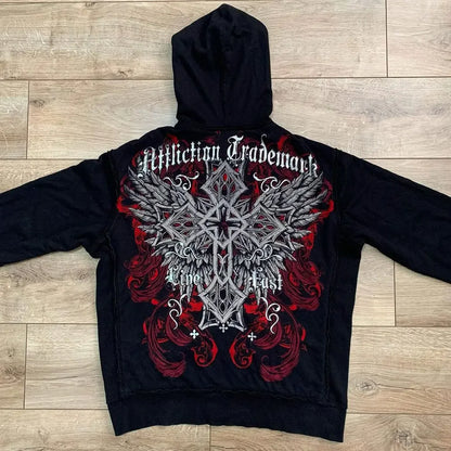 Y2K Grunge Zip Hoodie With Vintage Print For 2025 Fall Outfits Aesthetic