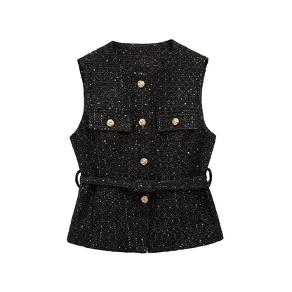 Sleeveless Tweed Waistcoat With Button Front For Trendy Outfit Ideas