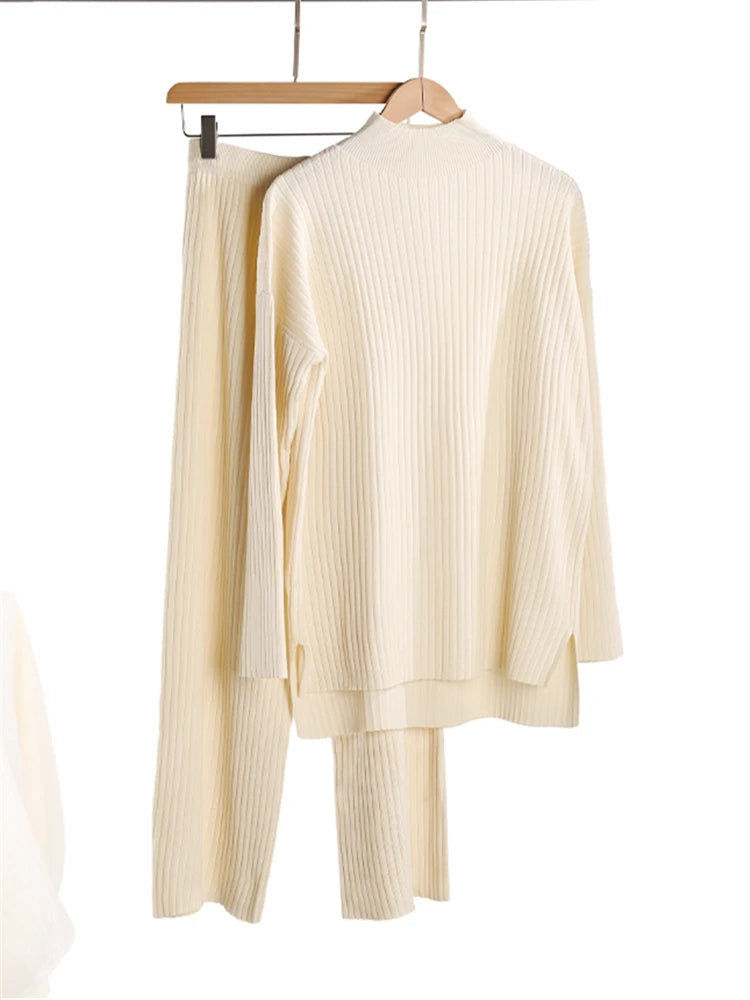 Fall Outfits Casual Knitted 2 Piece Outfit For Women Warm Turtleneck Sweater And Pants Set