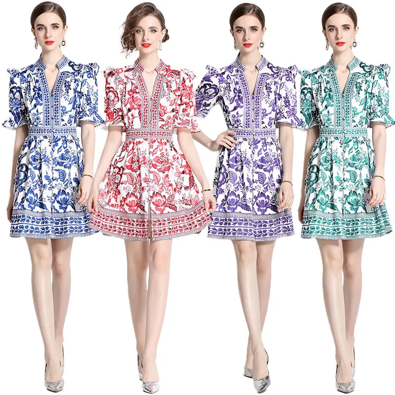 V-Neck Summer Dress Style Featuring Flower Prints And Flowy Ruffle Design