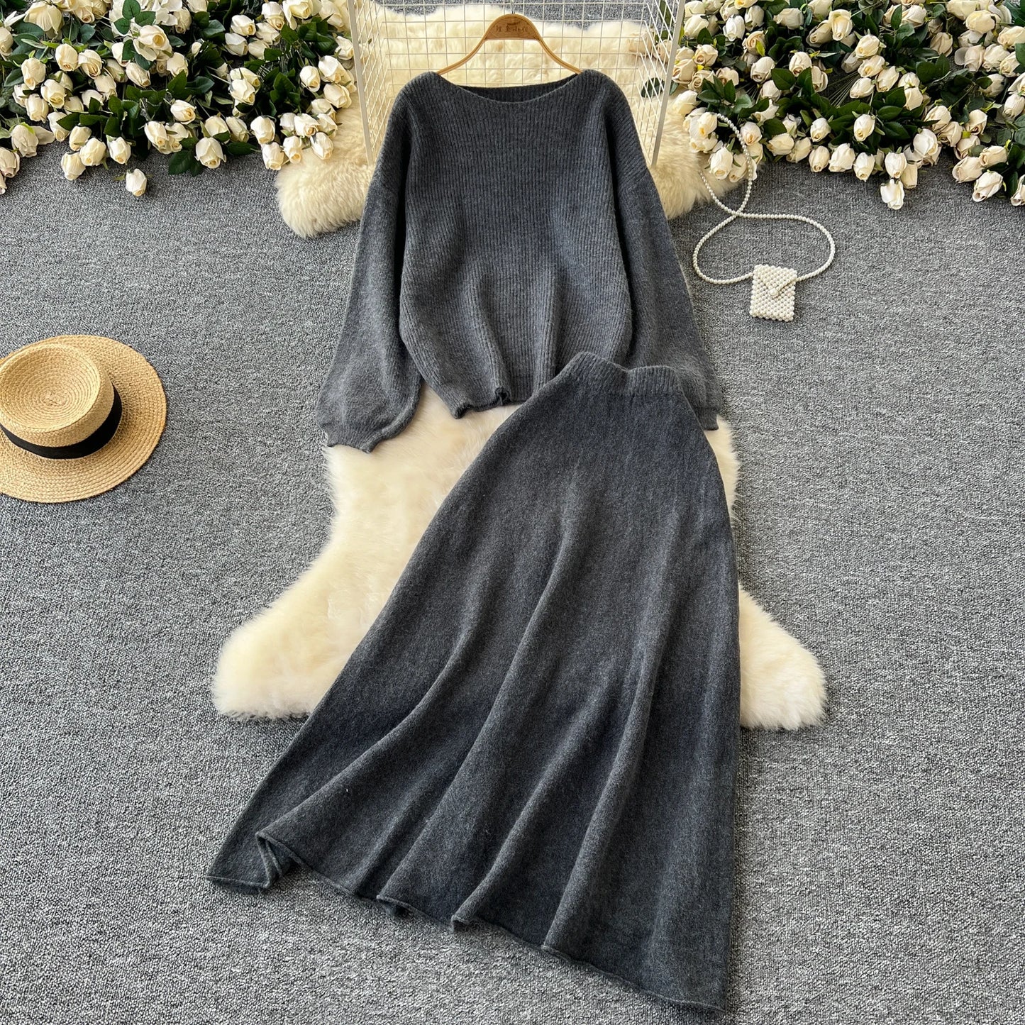 Fall Outfit Aesthetic Knit Sweater And Skirt Coord Set
