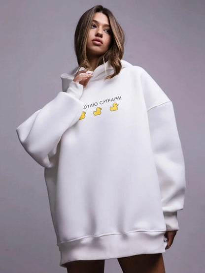 Oversized Duck Print Hoodie With Fleece For Cozy 2025 Fall Outfits Style