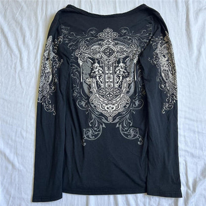 Y2K Vintage Graphic Crop Top - Grunge Long Sleeve Egirl Tee