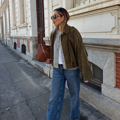 Fall Outfit Inspiration Green Short Jacket With Zipper And Lapel Style