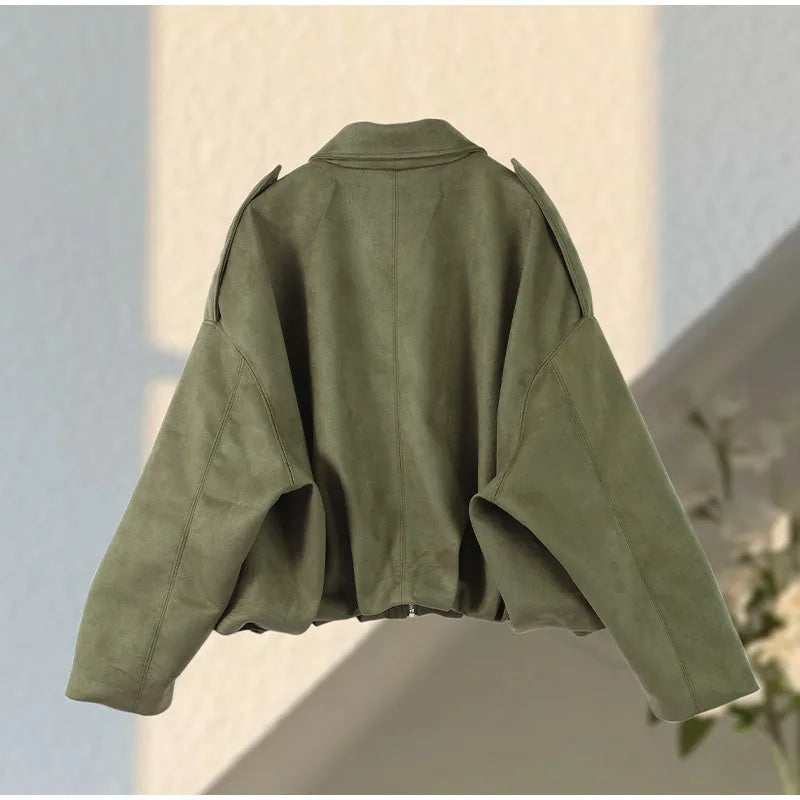 Fall Outfit Inspiration Green Short Jacket With Zipper And Lapel Style