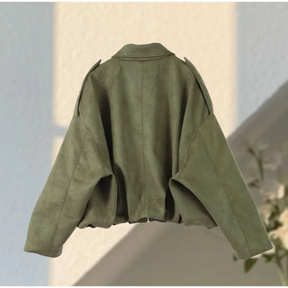 Fall Outfit Inspiration Green Short Jacket With Zipper And Lapel Style