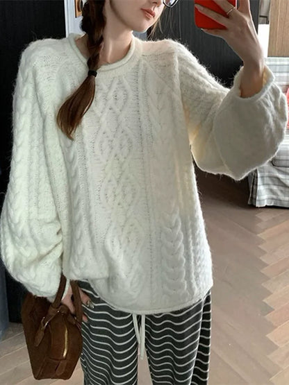 Korean Style Jacquard Knit Sweater With Curled Edges For 2025 Fall Outfits