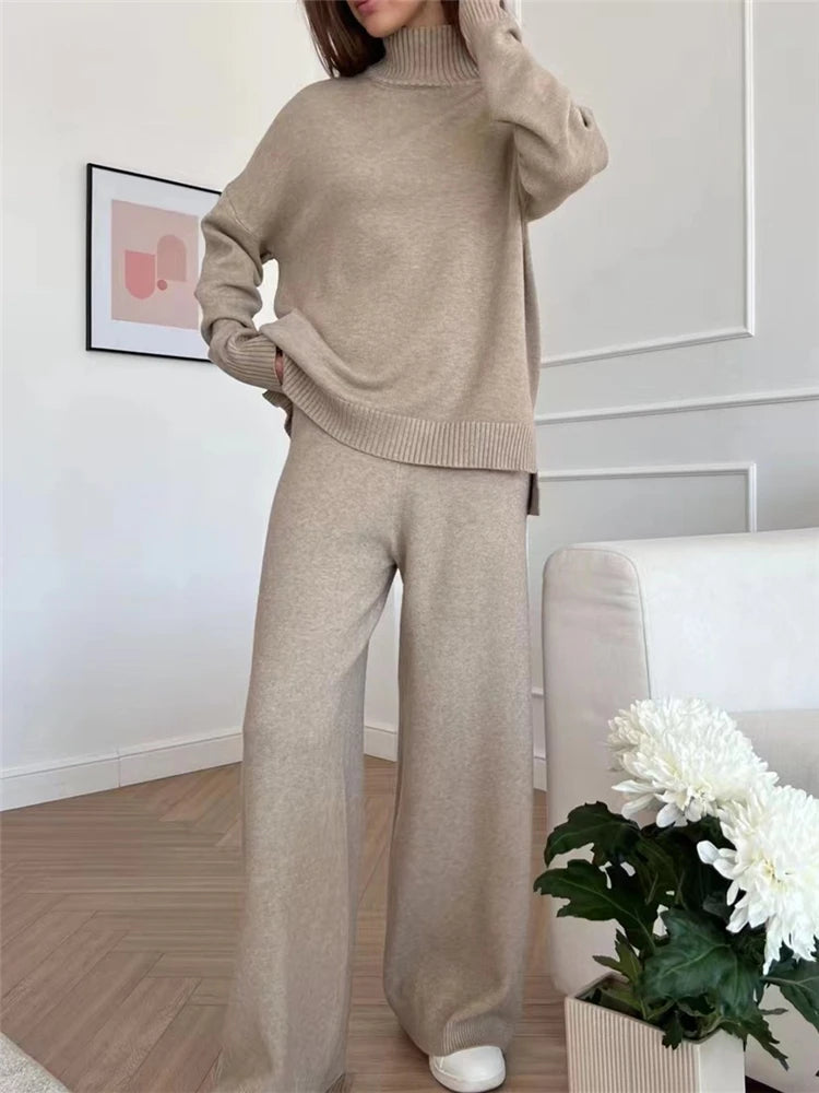 Fall Outfits Casual Knitted 2 Piece Outfit For Women Warm Turtleneck Sweater And Pants Set