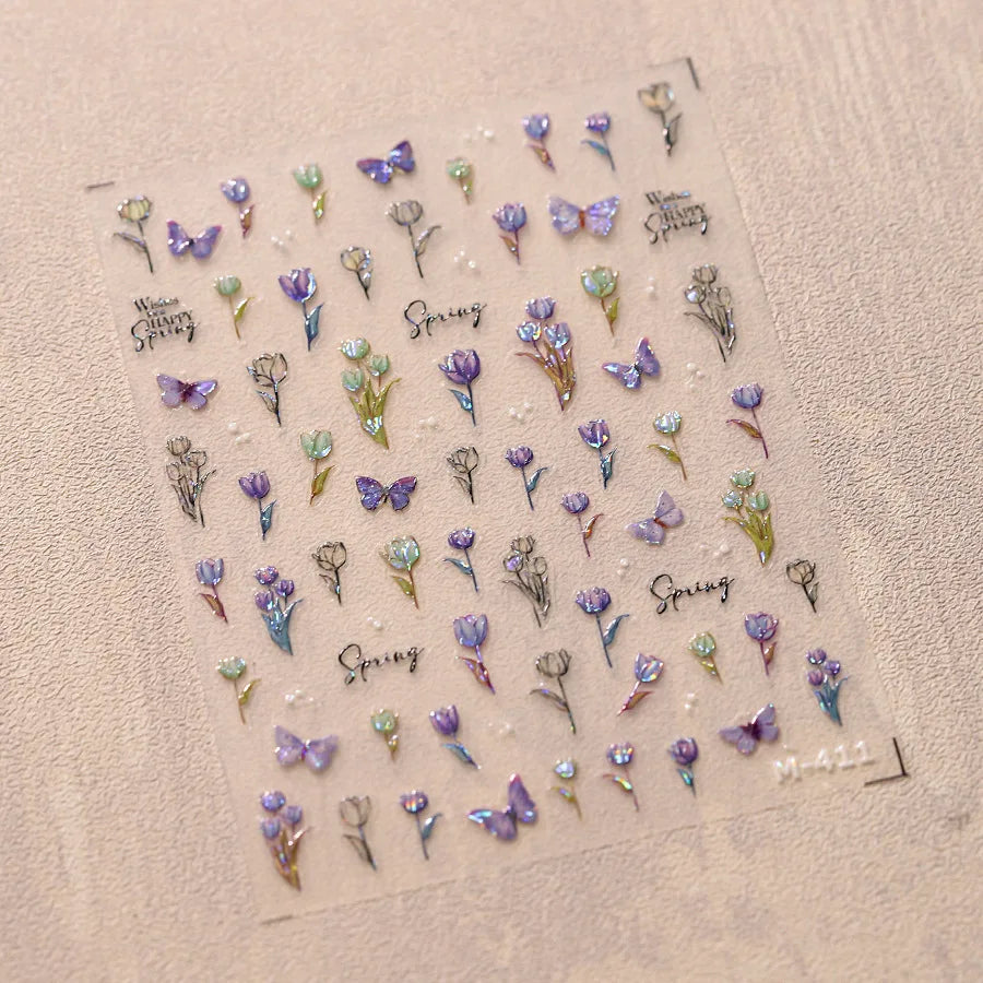 Autumn Nail Art Stickers With White Flowers And Gradient Shine For Fall Nail Ideas