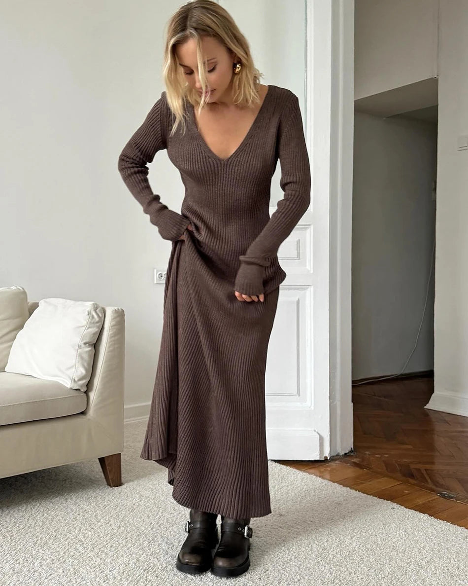 Classic Brown Knit Long Sleeve Dress for Cold Days