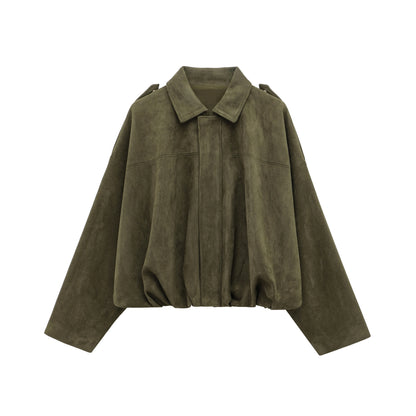 Loose Fit Suede Bomber Jacket Outfit Casual Fall Trend For Women With Lapel Zipper