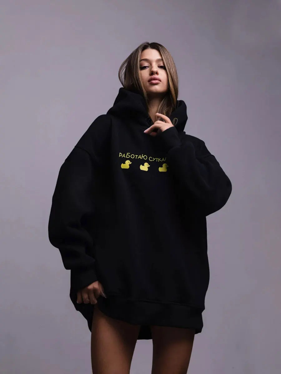 Oversized Duck Print Hoodie With Fleece For Cozy 2025 Fall Outfits Style