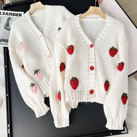 Fall Outfit Ideas Sweet Strawberry Knit Cardigan For Women Preppy Style V Neck Sweater Top