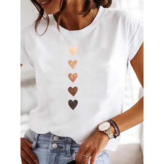 Y2K Love Heart Print T-Shirt for Women Aesthetic 90s Style Casual Summer Tee Girl Graphic O-Neck Top