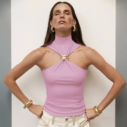 Y2K Turtleneck Knit Crop Tank Top for Women with Metal Ring Detail Sleeveless Ribbed Pullover Camisole Skinny Fit Streetwear Style 2025 Fashion