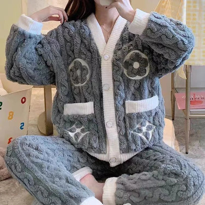 Casual Winter Fleece Cardigan Sleep Set