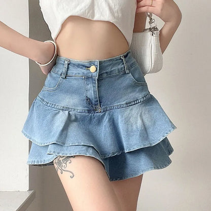 Korean Style High Waist Denim Ruffle Mini Skirt