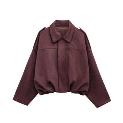 Loose Fit Suede Bomber Jacket Outfit Casual Fall Trend For Women With Lapel Zipper