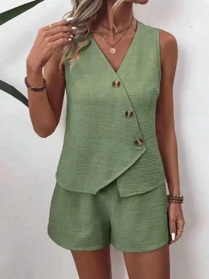 Summer Outfit Idea Featuring V Neck Top And Irregular Shorts Set