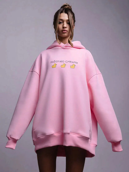 Oversized Duck Print Hoodie With Fleece For Cozy 2025 Fall Outfits Style