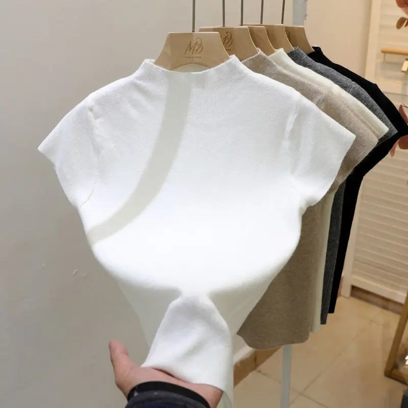 Fall Outfit Inspiration Slim Knitted Turtleneck Sweater With Short Sleeves