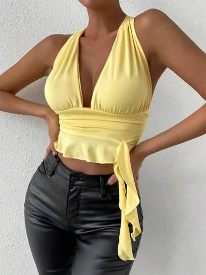 Ethereal Elegance Deep V Pleated Top for Women 2025 Spring Summer Soft Glam Resortwear Inspired by Balletcore Trends