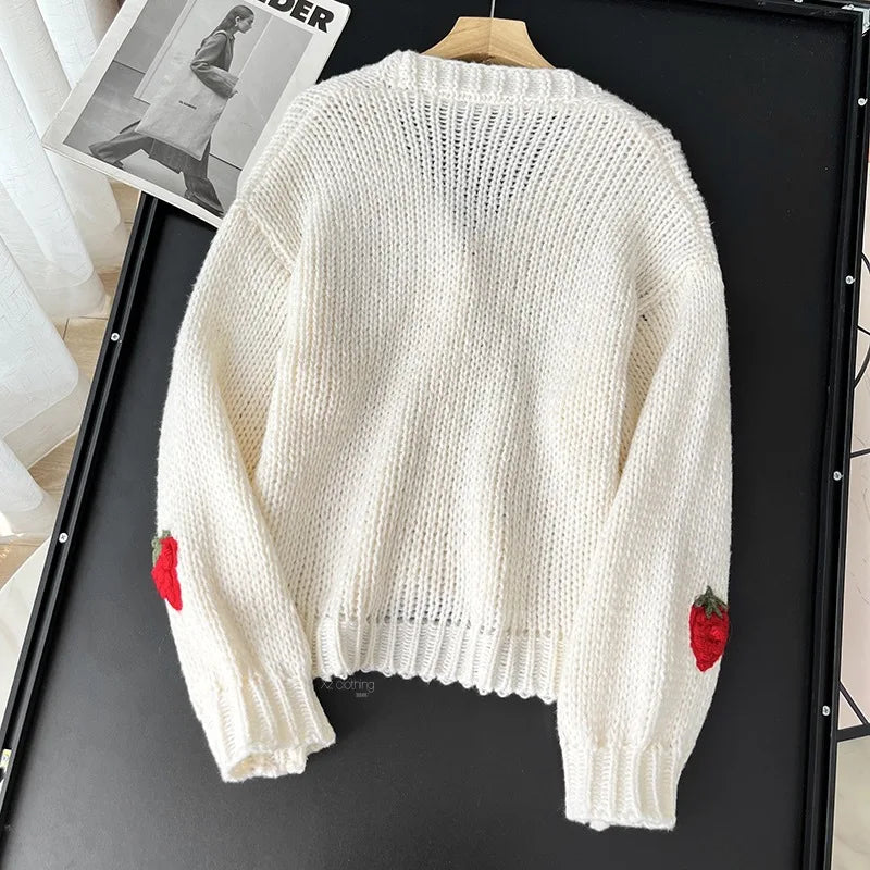 Fall Outfit Ideas Sweet Strawberry Knit Cardigan For Women Preppy Style V Neck Sweater Top
