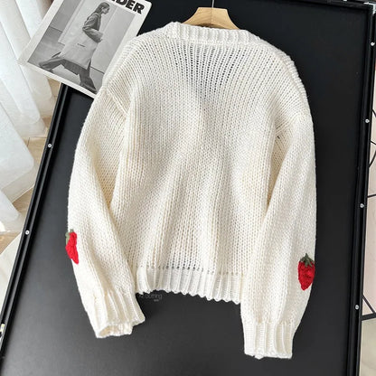 Fall Outfit Ideas Sweet Strawberry Knit Cardigan For Women Preppy Style V Neck Sweater Top