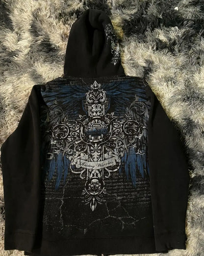 Y2K Grunge Zip Hoodie With Vintage Print For 2025 Fall Outfits Aesthetic