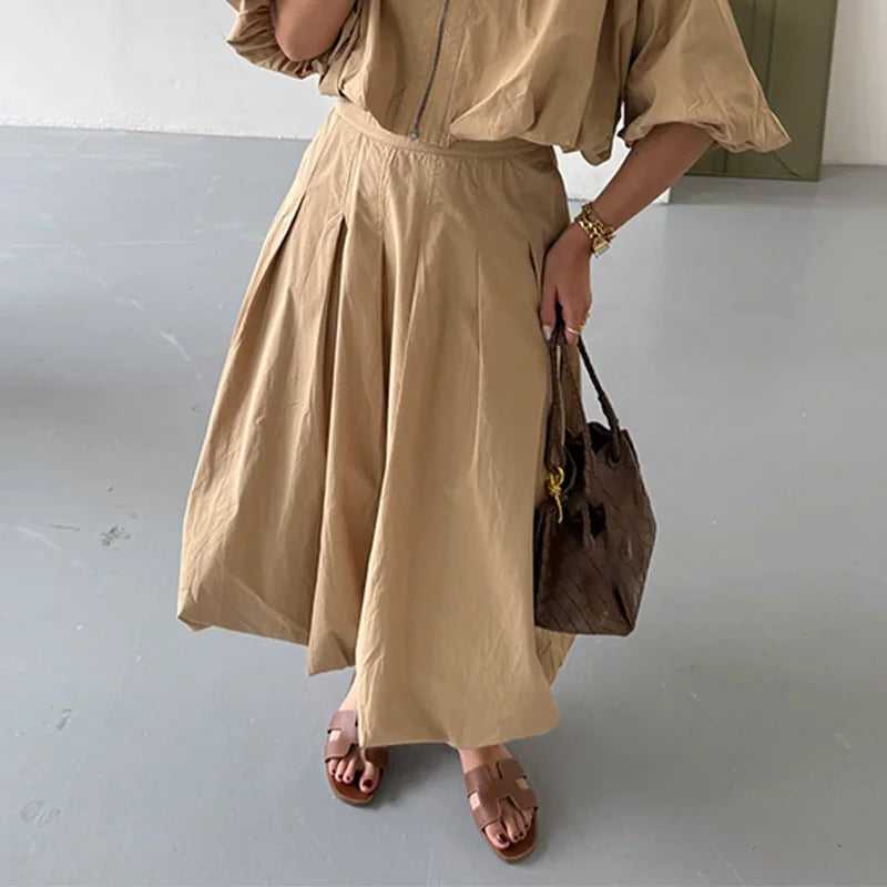Fall Outfits Casual Pleated Skirt And Zipper Lapel Top Two Piece Outfit - Elegant Autumn Outfit Inspiration Pleated Long Skirt And Lantern Sleeve Top Set