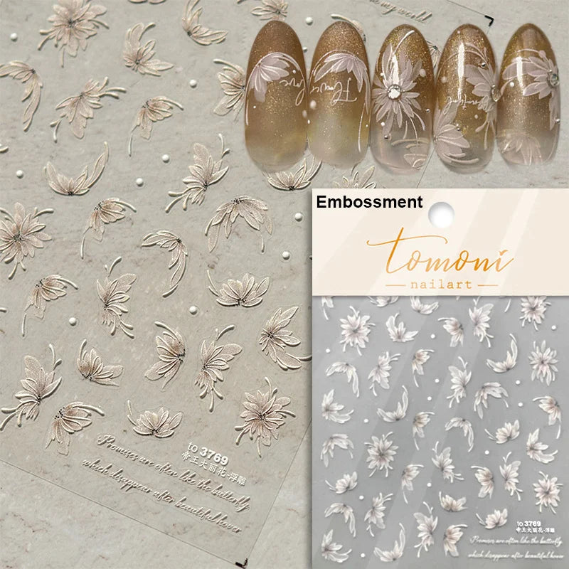 Autumn Nail Art Stickers With White Flowers And Gradient Shine For Fall Nail Ideas