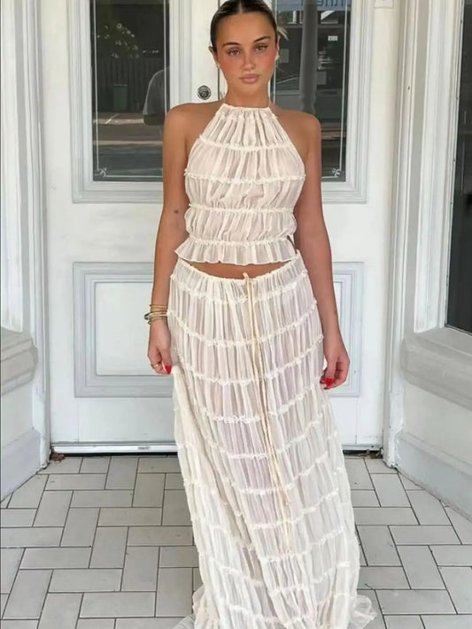 Chic Lace Up Backless Halter Top And Long Fold Maxi Skirt Set For Trendy Summer Style