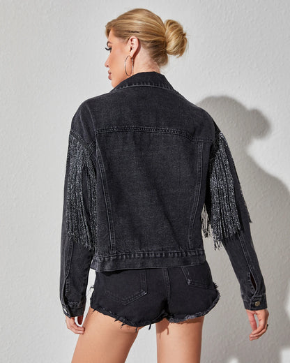 Women's Oversized Boyfriend Denim Jacket – Distressed Long Sleeve Fringe Coat, Vintage Cropped Jean Jacket for Layering, 90s Grunge Aesthetic, Plus Size Friendly