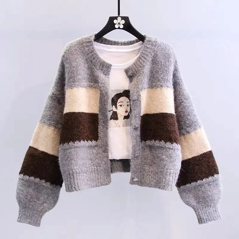 Boho-Chic Multicolor Knit Cardigan with Dramatic Lantern Sleeves for Fall
