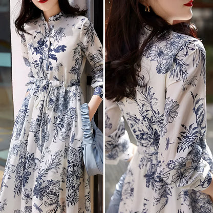 French Style Long Dress With Vintage Print And Tie Waist For Spring Fashion