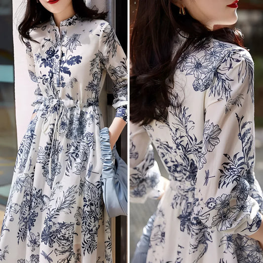 French Style Long Dress With Vintage Print And Tie Waist For Spring Fashion
