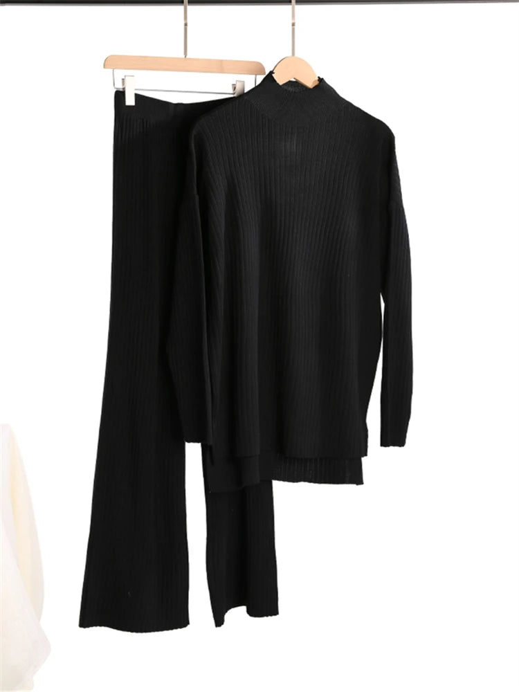 Fall Outfits Casual Knitted 2 Piece Outfit For Women Warm Turtleneck Sweater And Pants Set