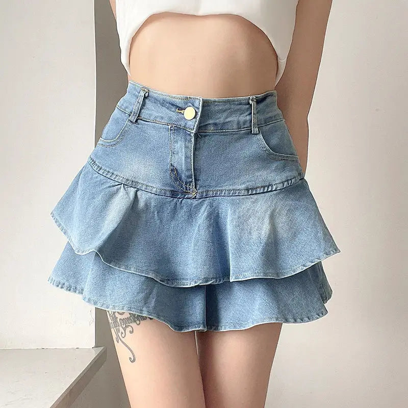Korean Style High Waist Denim Ruffle Mini Skirt