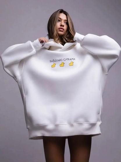 Oversized Duck Print Hoodie With Fleece For Cozy 2025 Fall Outfits Style