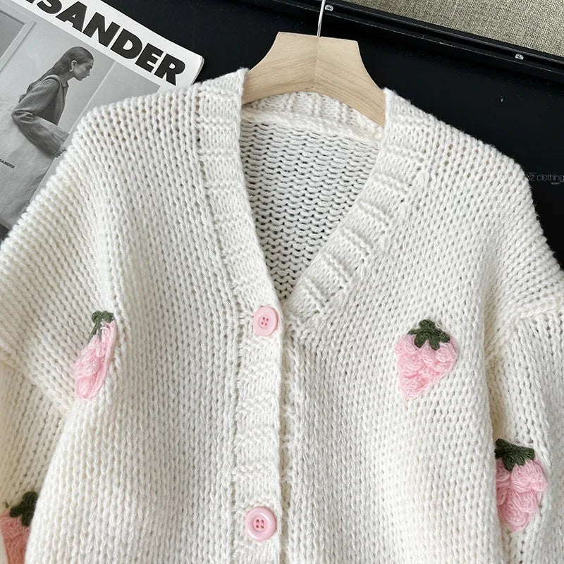 Fall Outfit Ideas Sweet Strawberry Knit Cardigan For Women Preppy Style V Neck Sweater Top