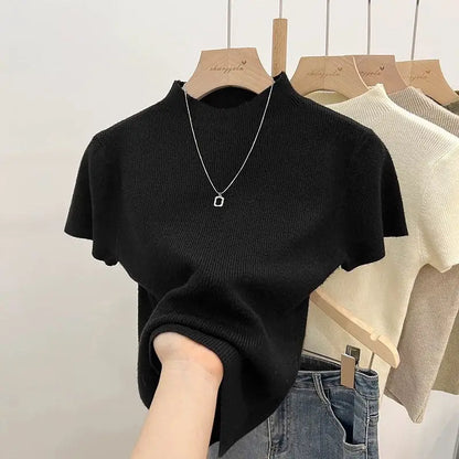 Fall Outfit Inspiration Slim Knitted Turtleneck Sweater With Short Sleeves