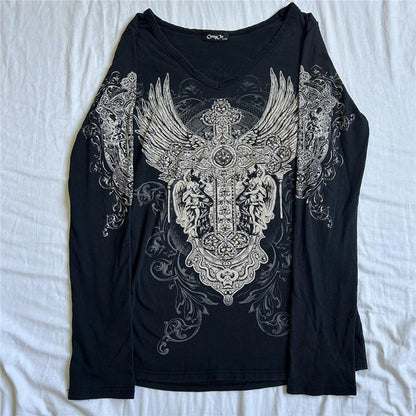 Y2K Vintage Graphic Crop Top - Grunge Long Sleeve Egirl Tee