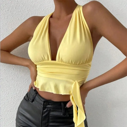 Ethereal Elegance Deep V Pleated Top for Women 2025 Spring Summer Soft Glam Resortwear Inspired by Balletcore Trends