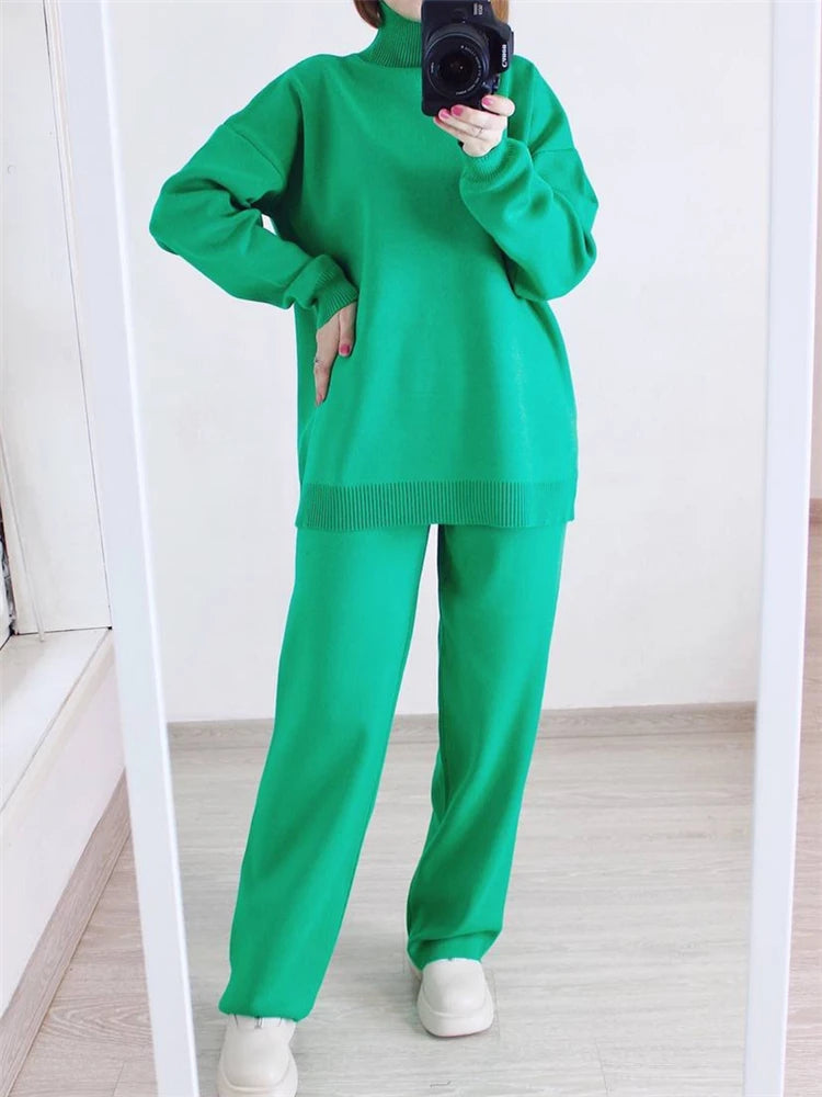 Fall Outfits Casual Knitted 2 Piece Outfit For Women Warm Turtleneck Sweater And Pants Set