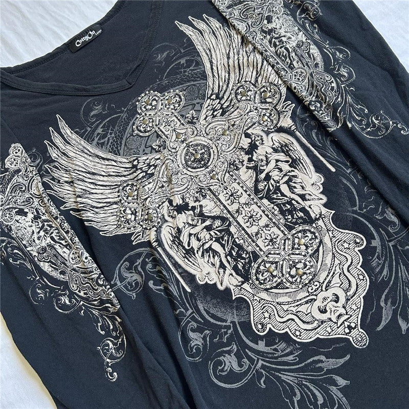 Y2K Vintage Graphic Crop Top - Grunge Long Sleeve Egirl Tee