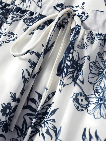 French Style Long Dress With Vintage Print And Tie Waist For Spring Fashion