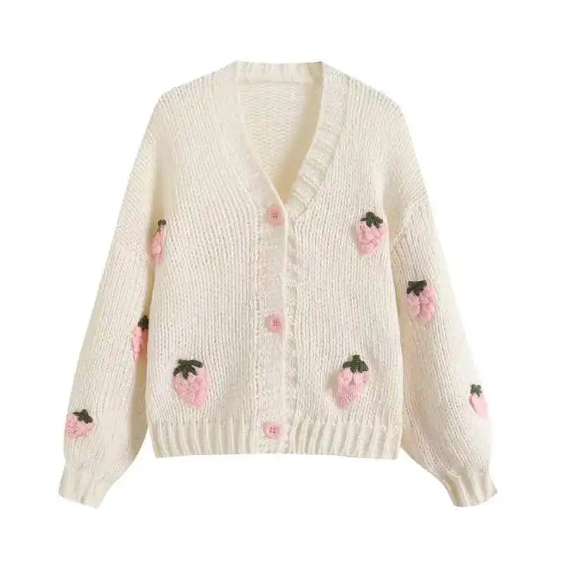 Fall Outfit Ideas Sweet Strawberry Knit Cardigan For Women Preppy Style V Neck Sweater Top