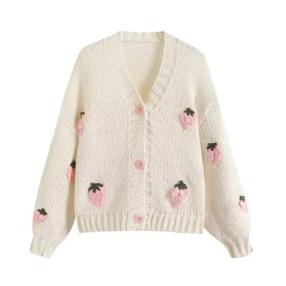 Fall Outfit Ideas Sweet Strawberry Knit Cardigan For Women Preppy Style V Neck Sweater Top