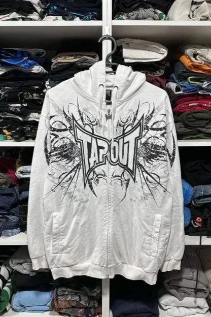 Y2K Grunge Zip Hoodie With Vintage Print For 2025 Fall Outfits Aesthetic